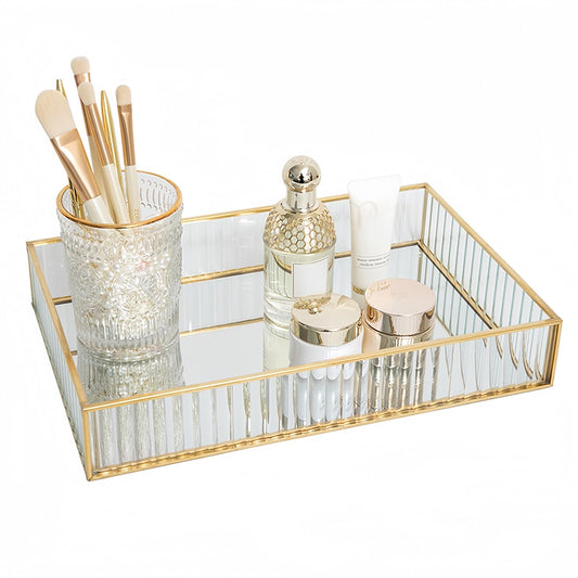 SLHEQING Cosmetic Trays Mirror Gold Vintage Storage Tray Glass Jewelry Perfume Organisers Makeup Tray for Vanity, Dresser, Bedroom