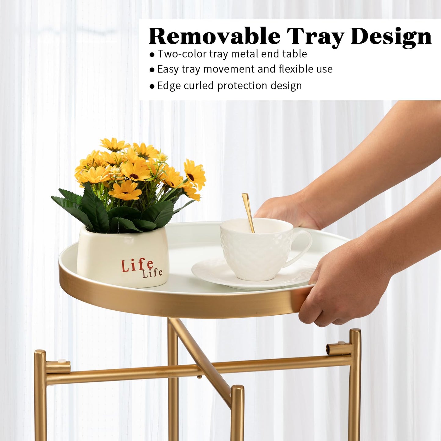 danpinera 2 Tier Gold Side Table, Folding Round Metal End Table Small Nightstand with Two Removable Tray for Bedroom Living Room Bedside Small Spaces