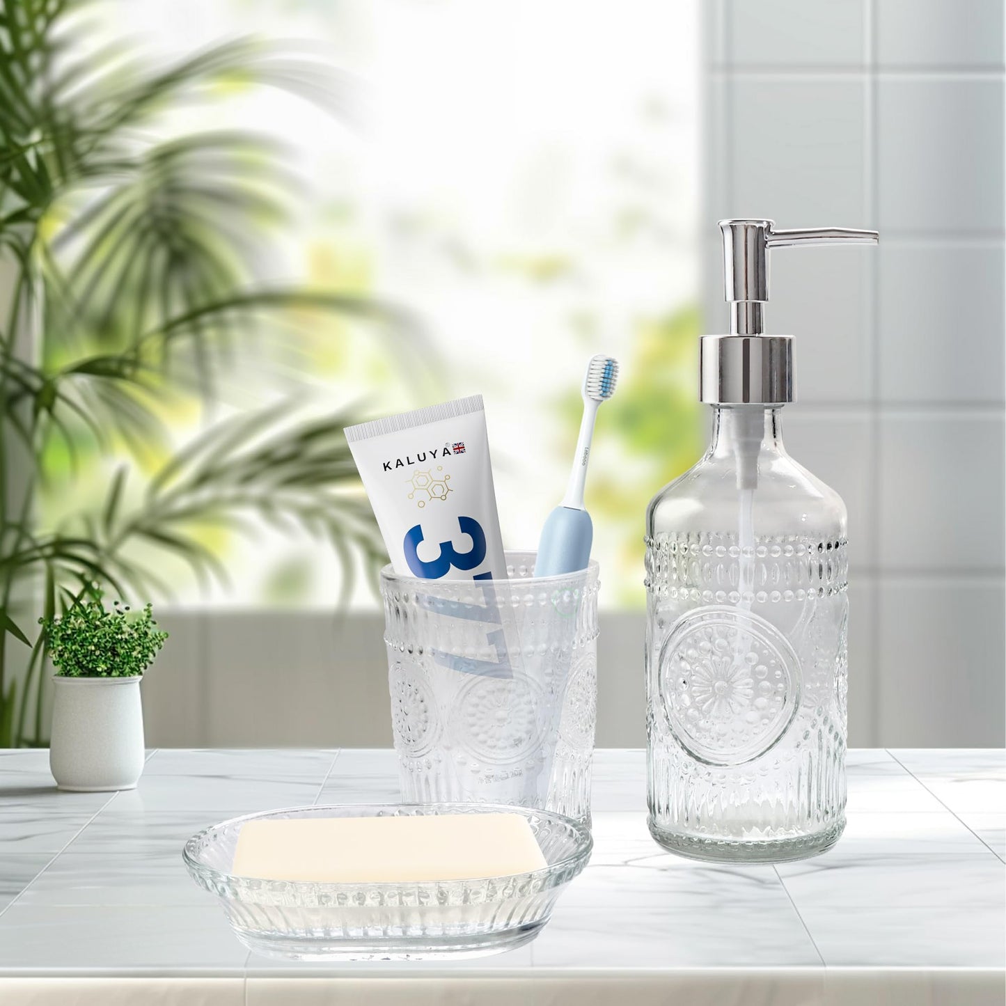 FEILANDUO 3Pcs Glass Bathroom Accessories Set, Lotion & Soap Dispenser, Toothbrush Holder, Soap Dish, Modern Bathroom Countertop Decor for Home