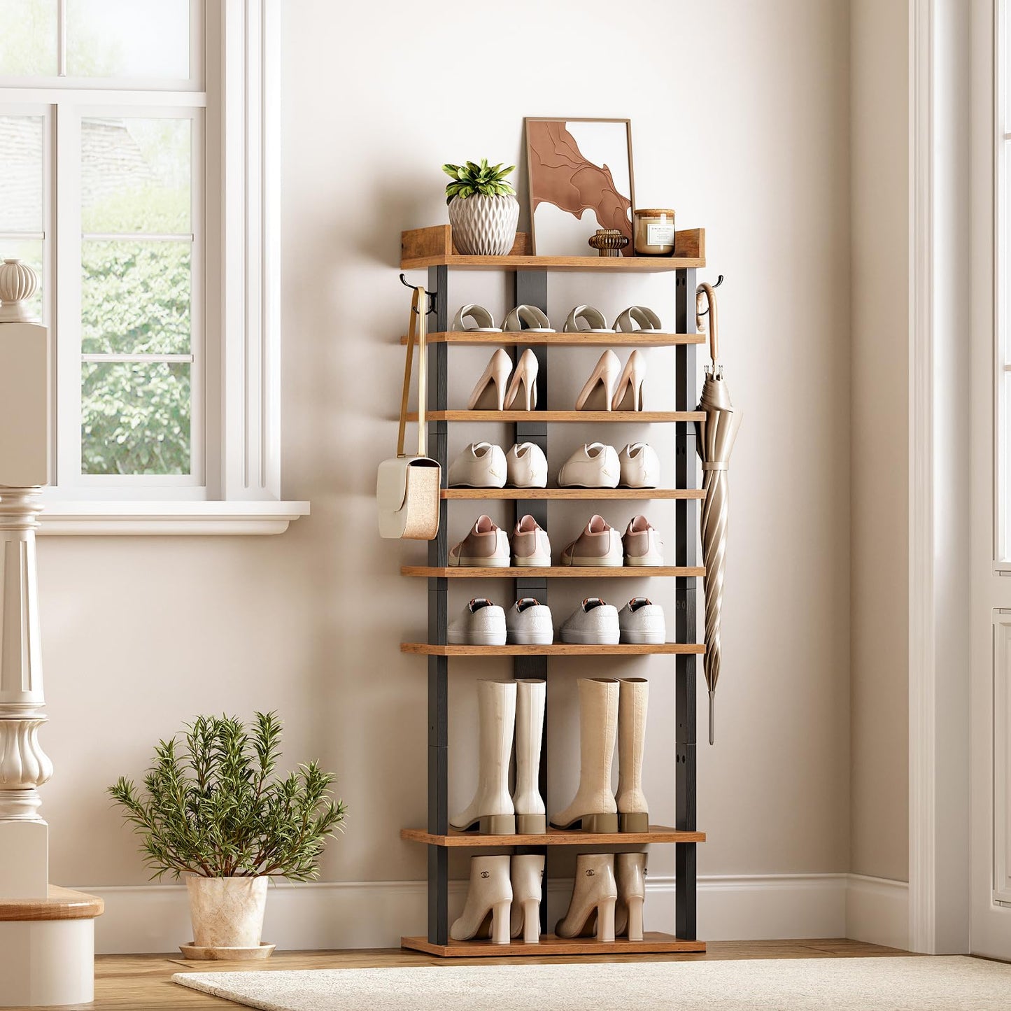 HOOBRO Narrow 9-Tier Tall Shoe Rack, Wooden Storage Organizer With 2 Hooks, Slim Shelf, Vertical Tower for Entrance, Industrial
