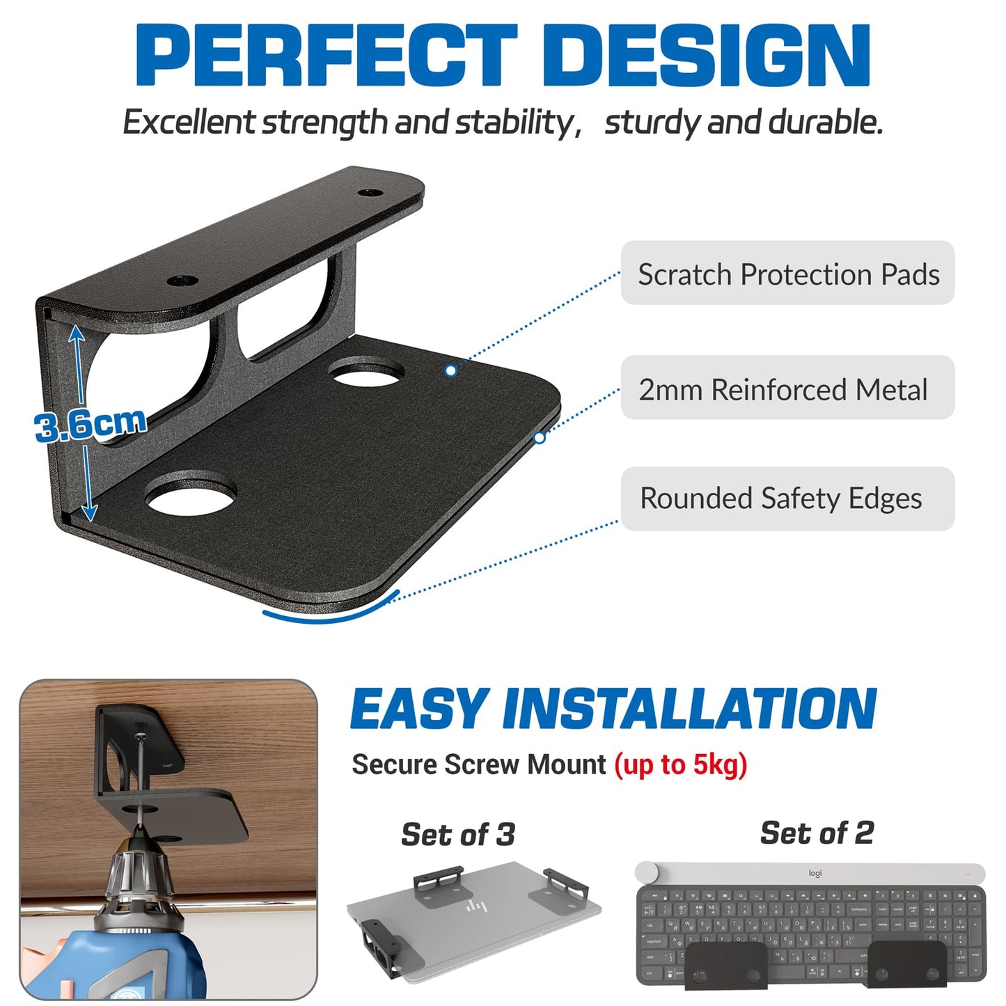 otuiaim Under Desk Holder / Wall Mount - 2mm Carbon Steel Desk Extender