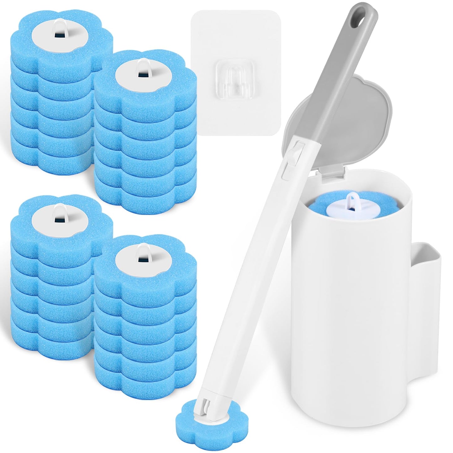 Disposables Toilet Brush and Holder Set with 24 Cleaner Refills, Wall Mounted Bathroom Bowl Cleaning Wand System with Handle for Bathtub Sink Wash