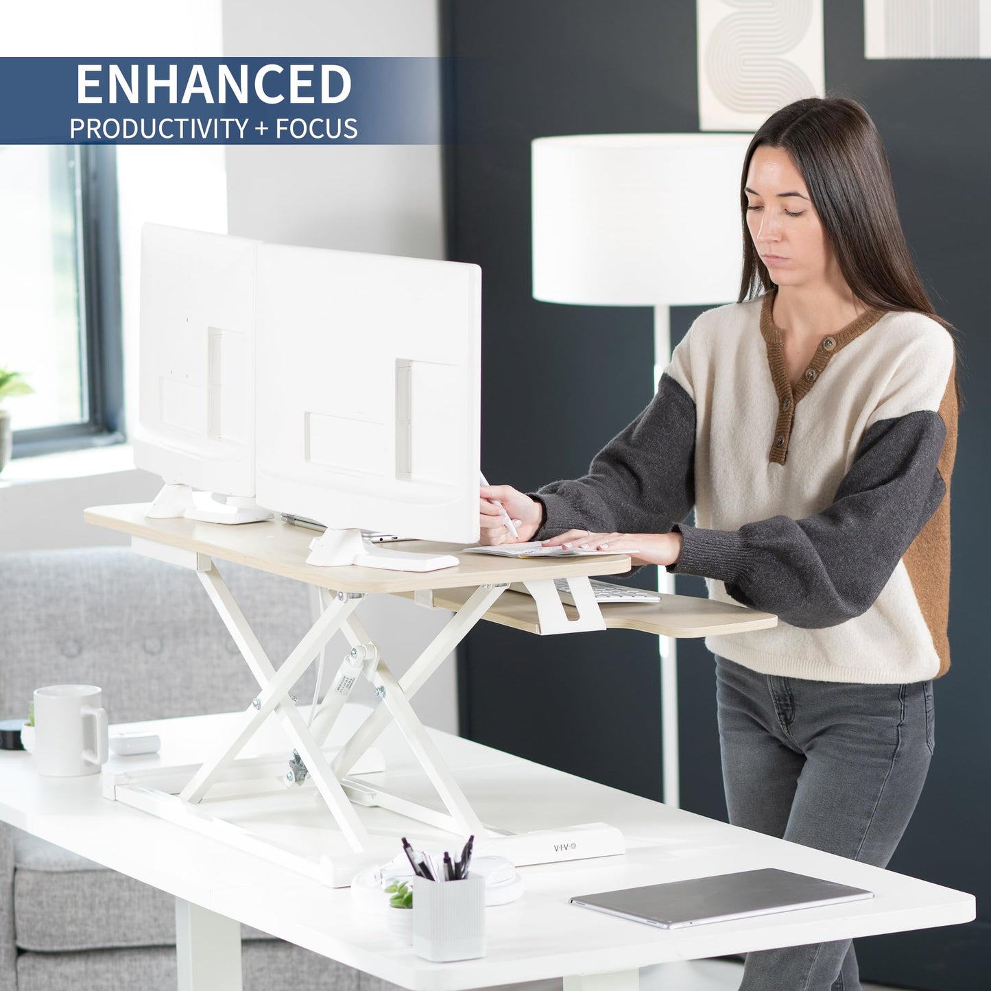 VIVO 91cm Desk Converter, K Series, Height Adjustable Sit to Stand Riser, Dual Monitor and Laptop Workstation with Wide Keyboard Tray, Light Wood Top