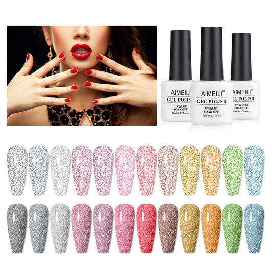 AIMEILI Reflective Glitter Gel Nail Polish, 8ml 12 Colours Glitter Gel Polish Soak Off UV LED Holographics Sparkly Shinny Effect Gel Nail Varnish