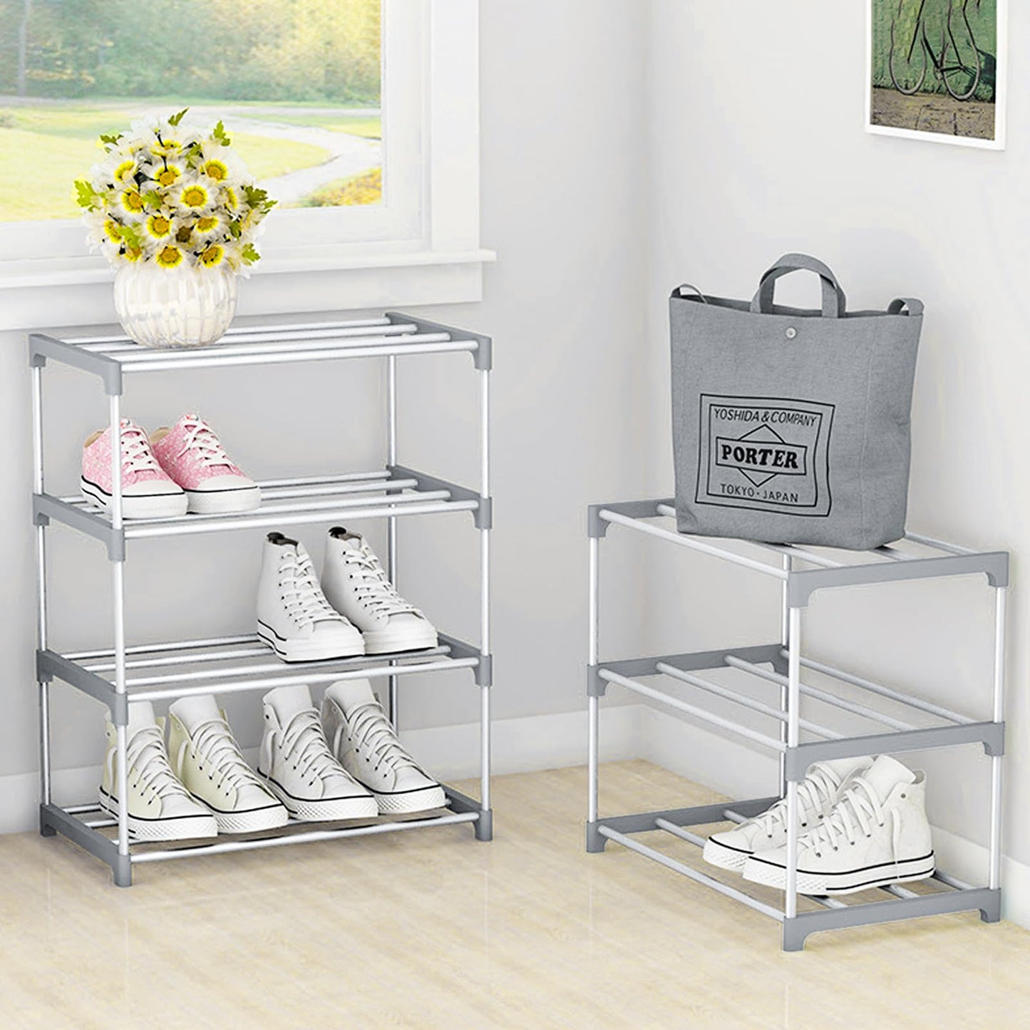 huipinghu Stackable 3 Tier Slim Shoe Rack - Space Saving Footwear Storage Organiser with Quick Assembly - Grey, for Hallway & Bedroom