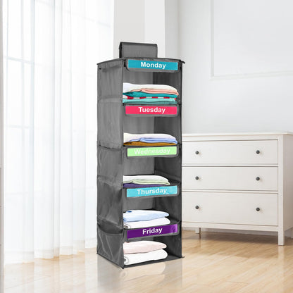 5- Shelf Weekly Clothes Organizer for Kids, Kids Daily Clothes Organiser, Day of Week Clothes Organiser ,Hanging Closet Organizer,Monday Through