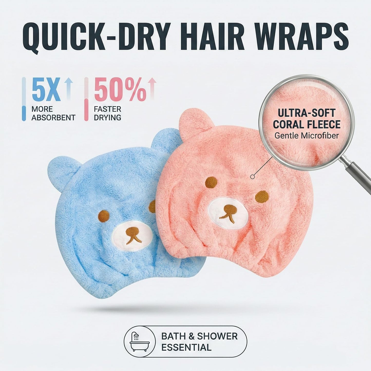 wellrun 2 Pcs Hair Drying Caps,Soft Coral Velvet Towel with Cute Bear Embroidery,Quick Dry Absorbent Hair Wrap for Wet Hairs,Bath Towel for Girls and