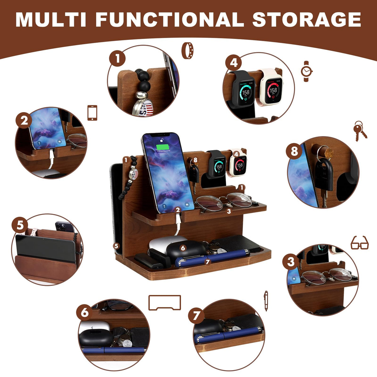 AliveByte Wooden Phone Docking Station for Men - Bedside Table Organiser - Brown Wood - Compatible with All Mobile Phones - Desk Accessories for Men