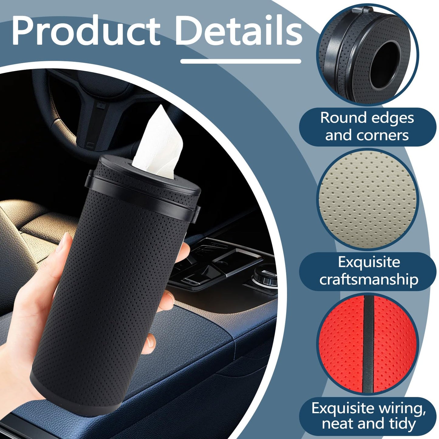 Thatyro 2 Pieces Leather Car Tissues Holder Cylinder with Window Breaker, Refillable Round Tissue Boxes for Car Cup Holder Container Fit Vehicle Home