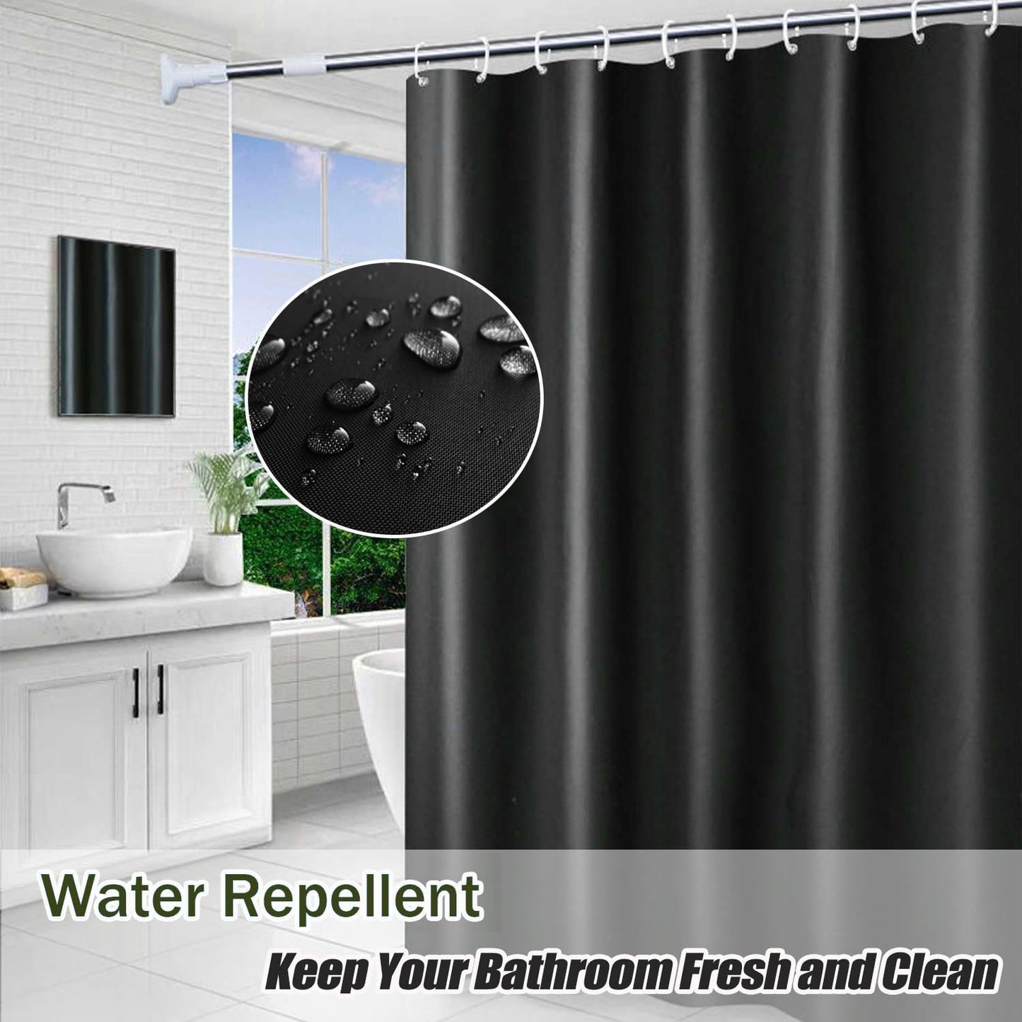 Shower Curtain, Solid Colour Fabric Shower Washable Curtain Mould Resistant and Water Repellent, Shower Curtain for Bathroom (Black,180 * 180)