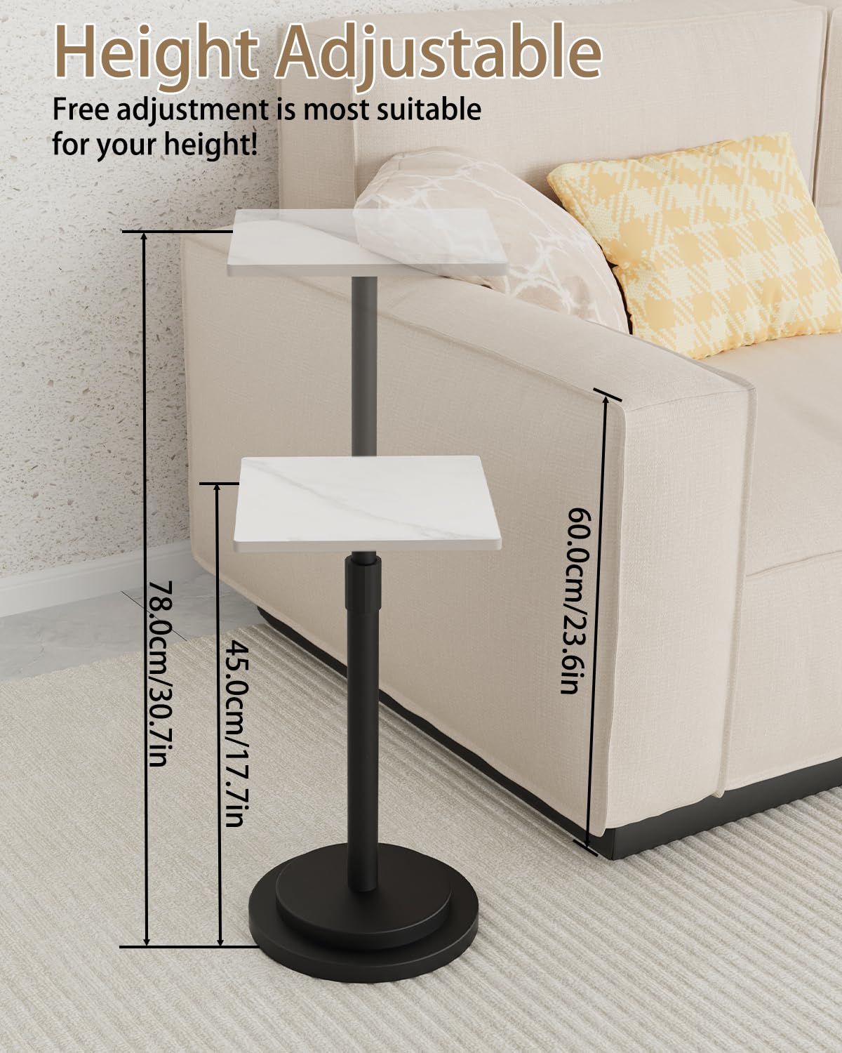 GUOHNHE Square Side Table, Height Adjustable Drink Stand, 2 Pack, White