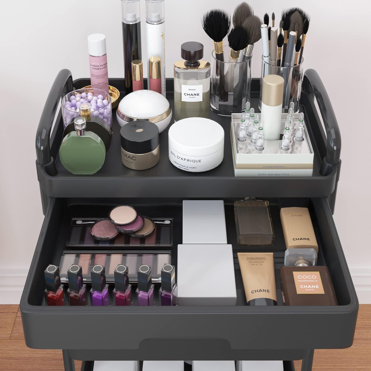 Wuciray Beauty Trolley on Wheels 3 Tier Storage Trolley with Drawer Plastic Beauty Trolleys Rolling Utility Cart for Home Kitchen Bathroom Laundry