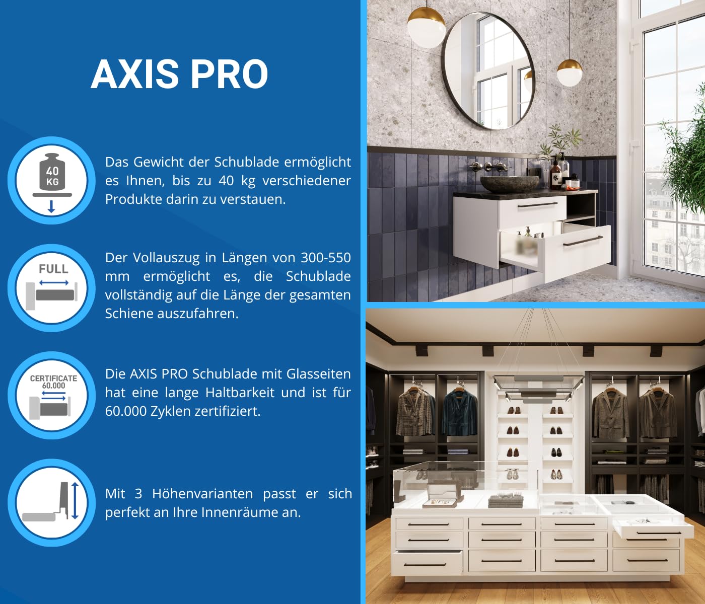 GTV - AXIS PRO Drawer System | Drawer with Glass Sides | Drawer System | Height 116 mm Length 550 mm | White with Milky Glass