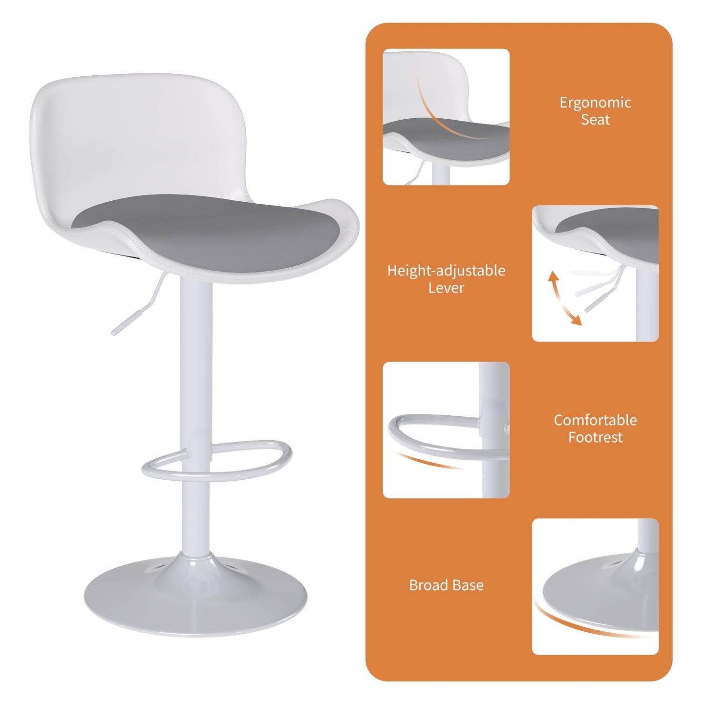 Flysky Set of 3 360° Swivel Bar Stools, Height Adjustable, White/Grey