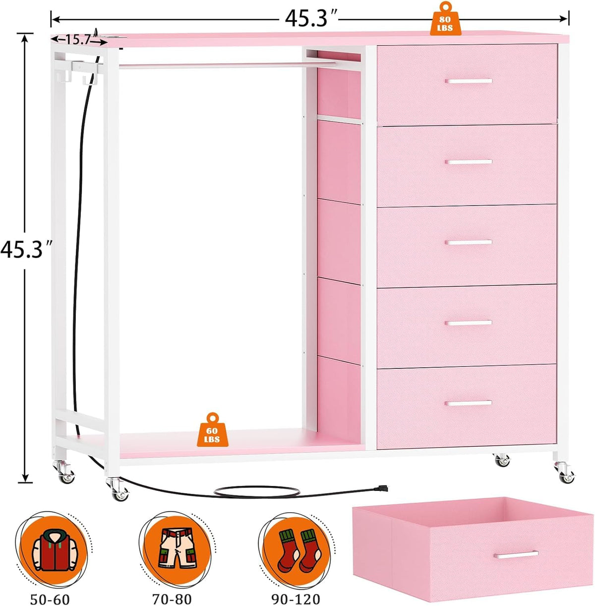 iSunirm 2 in 1 Chest of Drawers, Dresser for Bedroom,5 Fabric Drawers Dresser with LED Lights & Charging Station,Open Wardrobe with Clothes Rack,Pink