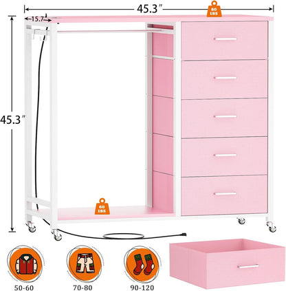 iSunirm 2 in 1 Chest of Drawers, Dresser for Bedroom,5 Fabric Drawers Dresser with LED Lights & Charging Station,Open Wardrobe with Clothes Rack,Pink
