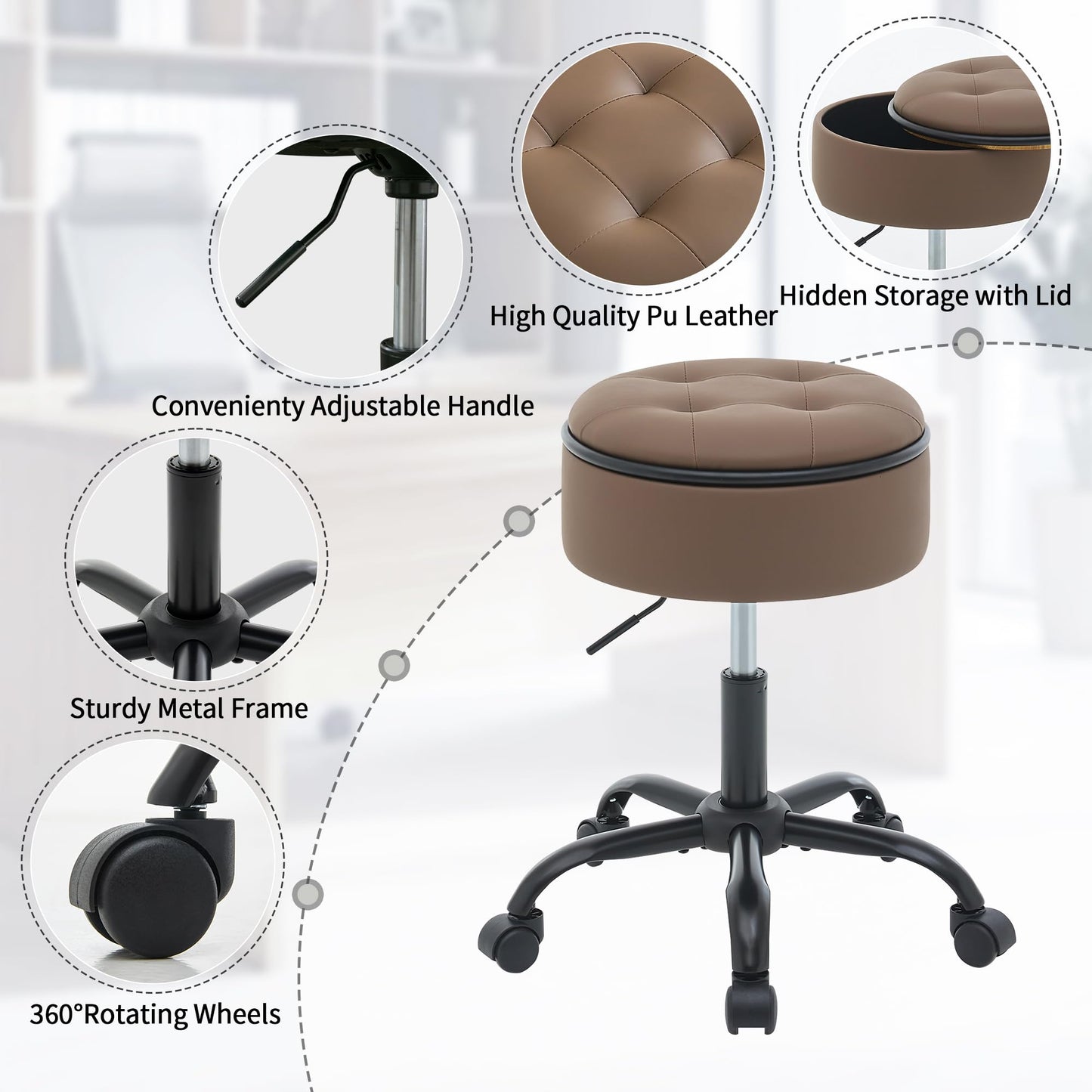 FIRAVOE Drafting Chair with Storage, Adjustable Desk Stool with Wheels 52.5–62.5 cm, Coffee Brown Ergonomic Office Stool