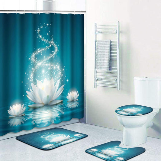 4 Piece Shower Curtain Sets, with 12 Hooks, Magic Lotus Flower Turquoise Zen with Non-Slip Rugs, Toilet Lid Cover and Bath Mat