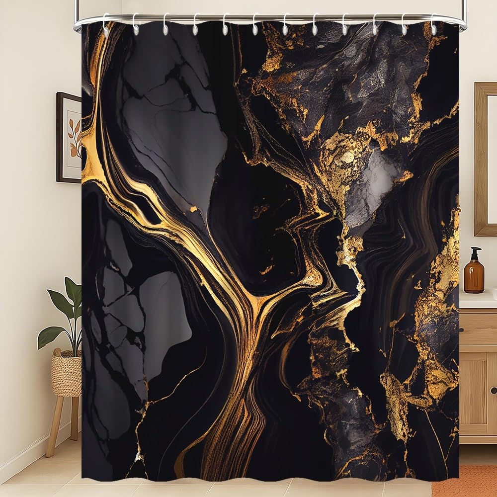Xiaoterna Marble Shower Curtain Abstract Black Gold Marble Bathroom Curtain Gold Powder Sparkling Modern Luxury Marble Shower Curtain Machine