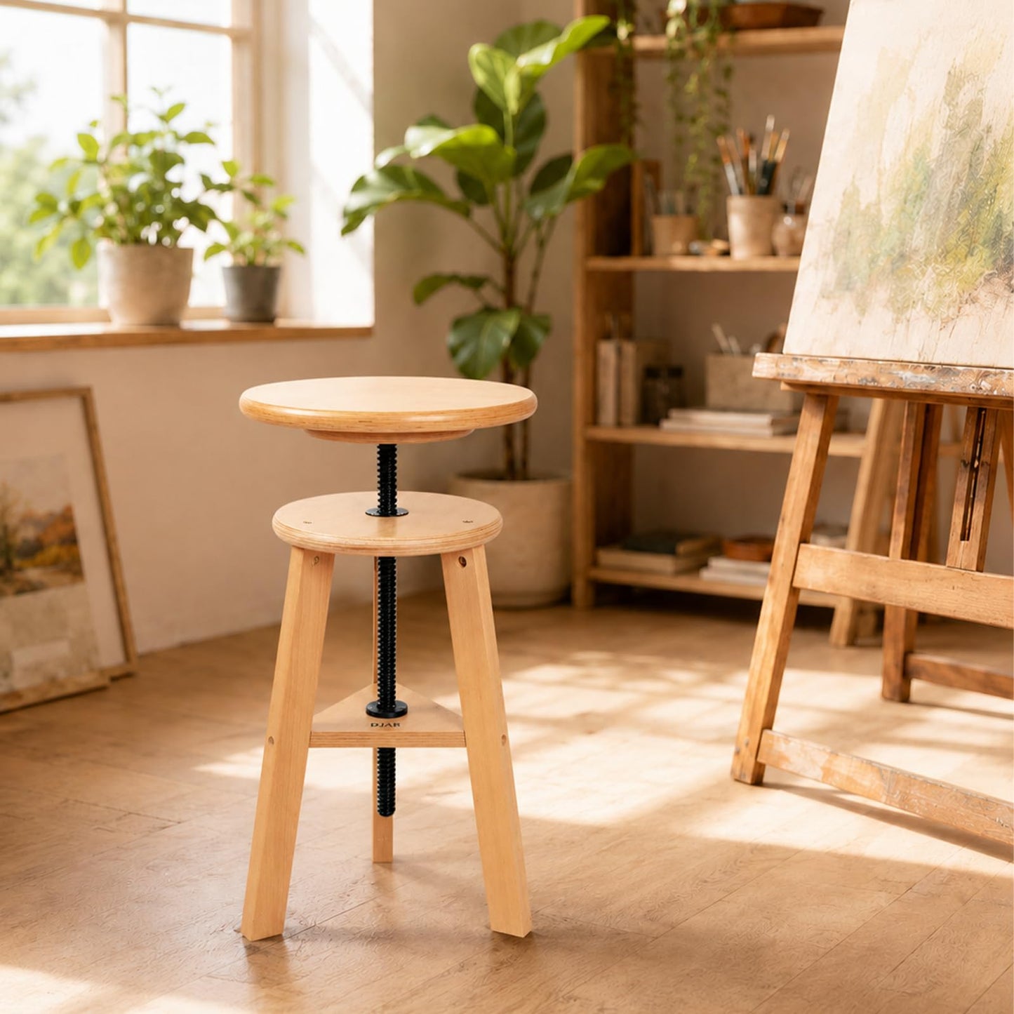 DJAR Wooden Drafting Stool Chair, Adjustable Beech Wood Artist Stool, Swivel Seat 19"-26", Tall Wooden Stool for Studio, Kitchen