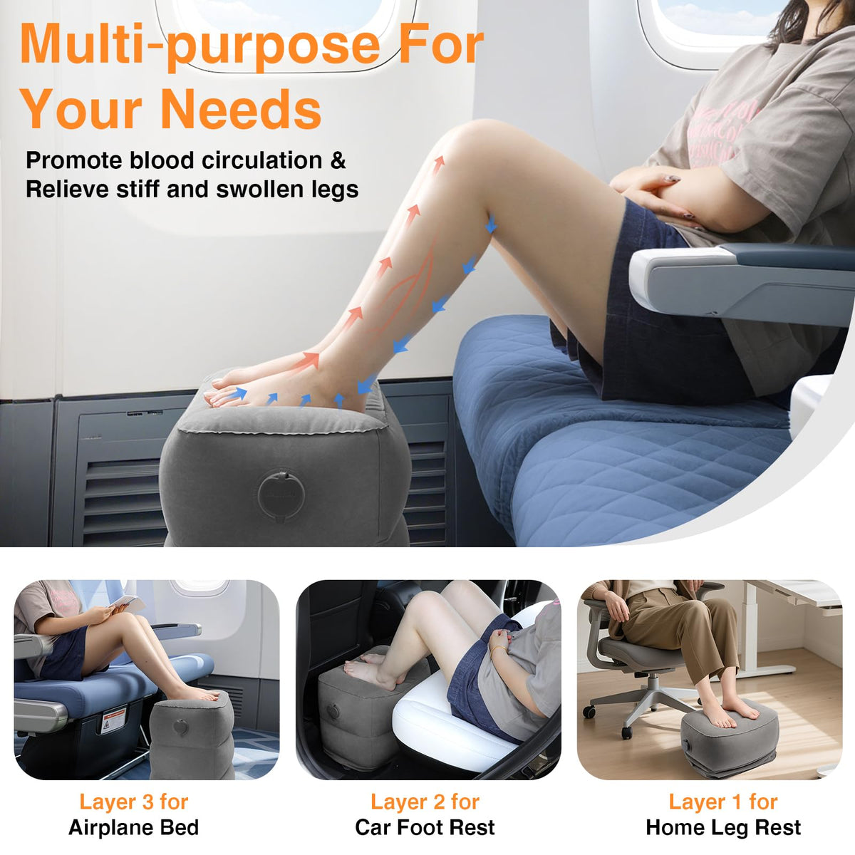 Maliton Inflatable Airplane Foot Rest with Pump Bag Darkgrey, 2Pcs