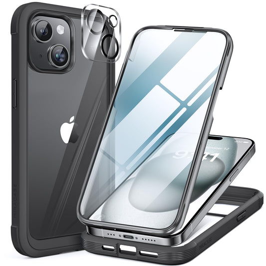 Miracase Glass Case for iPhone 15 Case 6.1-Inch, Full Body Bumper Clear Back Cover and Built-in 9H Tempered Glass Screen Protector + Camera Lens