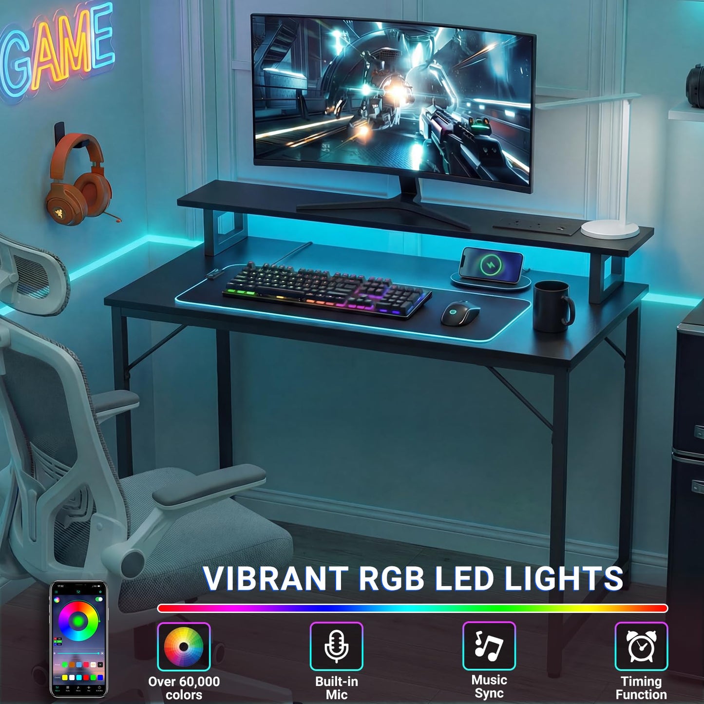 iSunirm Gaming Desk with Power Outlets & LED Lights, 100cm Computer Desk with Monitor Stand, Small Home Office Desk for Small Space