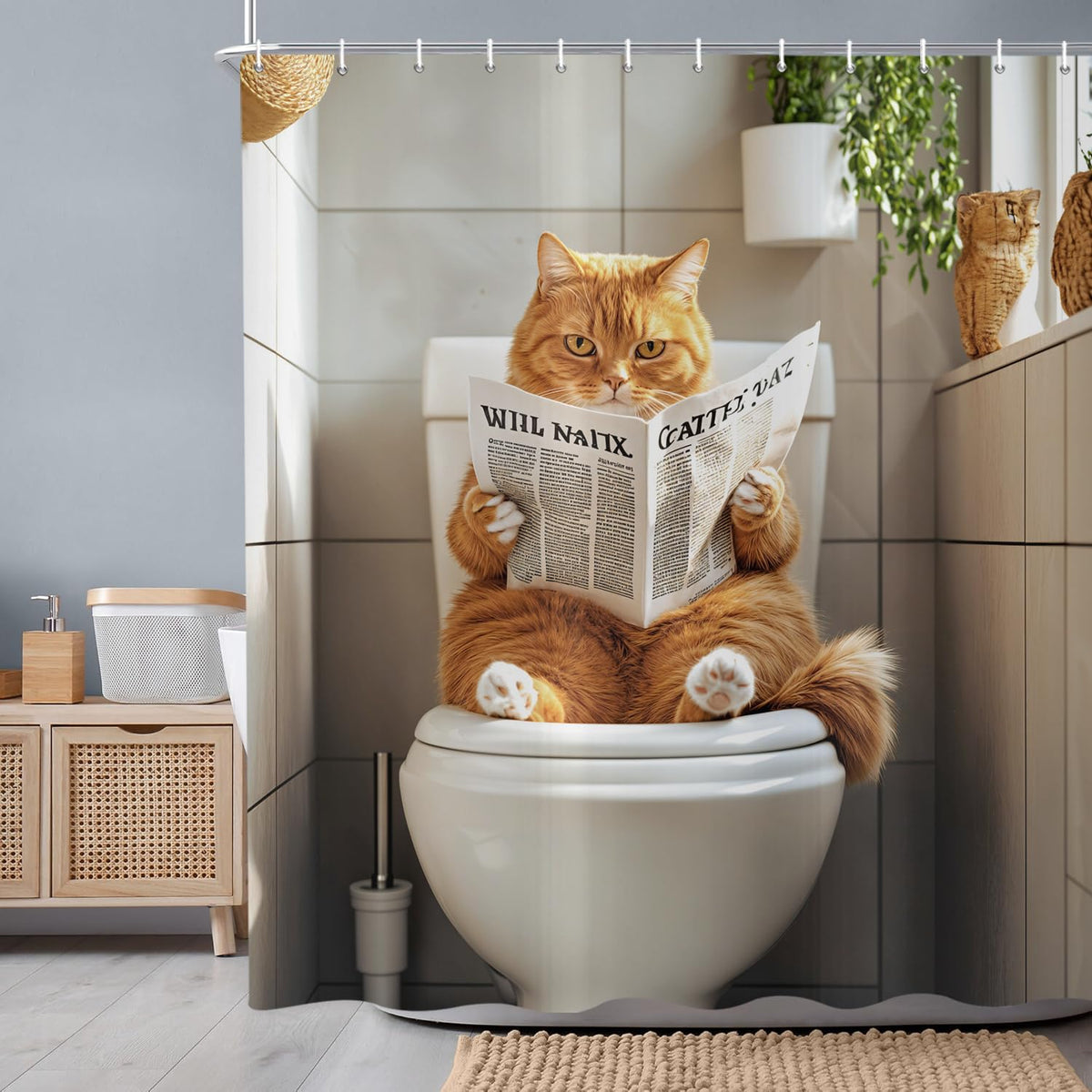 ASDCXZ Funny Cat Shower Curtain 180x200 cm, Cute Kitten Reading Newspaper Kids Bathroom Animal Hilarious Waterproof Bath Curtain Polyester Textile