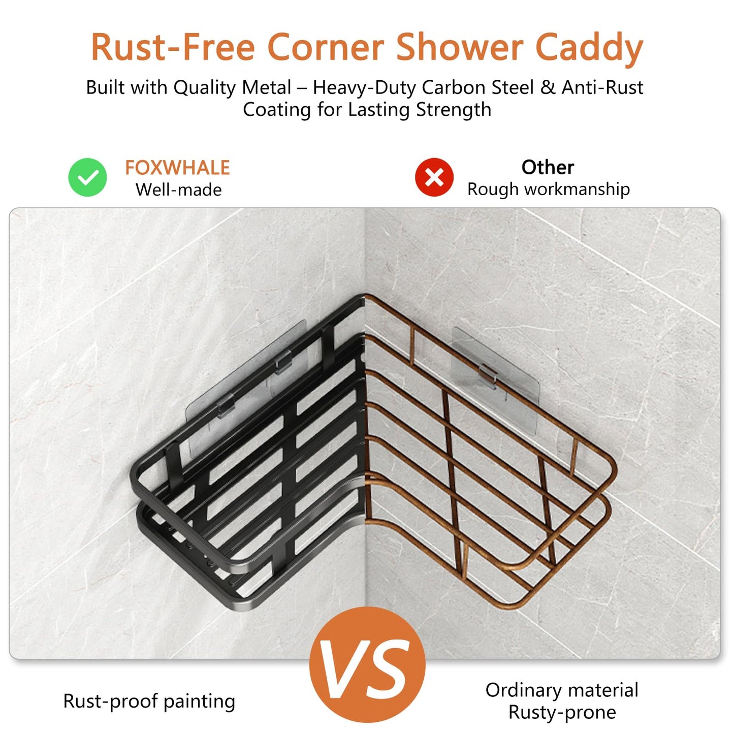 Shower Shelf No Drilling 2 Pieces Corner Shower Shelf Bathroom Shelf Black Shower Gel Holder with 2 Plastic Toothpaste Holders and 4 Removable Hooks