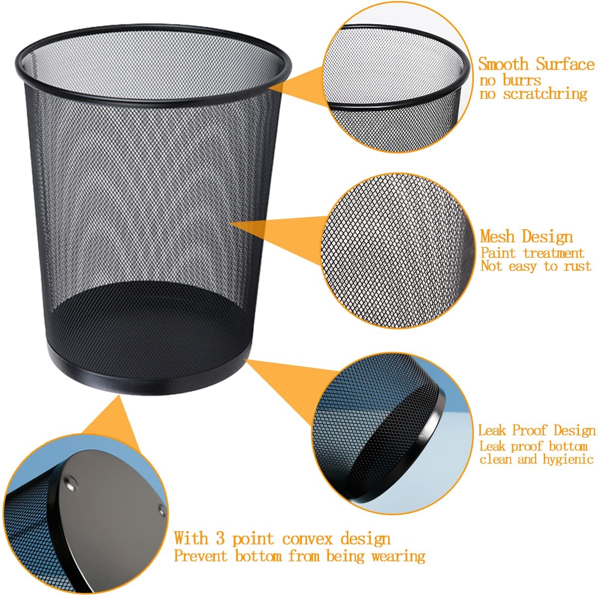 livexa 3 Pack Metal Mesh Waste Paper Bin 12 Litres Lightweight Mesh Wastebasket Waste Bin Black Metal Rubbish Bin for Bedroom, Office, Bathroom