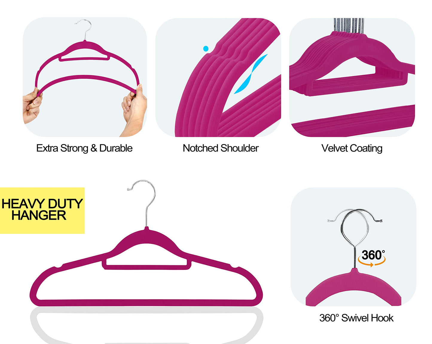 GVTECH Premium Velvet Hangers, [50 Pack] Non Slip and Heavy Duty Velvet Suit Hangers (45cm) with Tie Bar, 360° Swivel Hooks, Sturdy to hold Jumper
