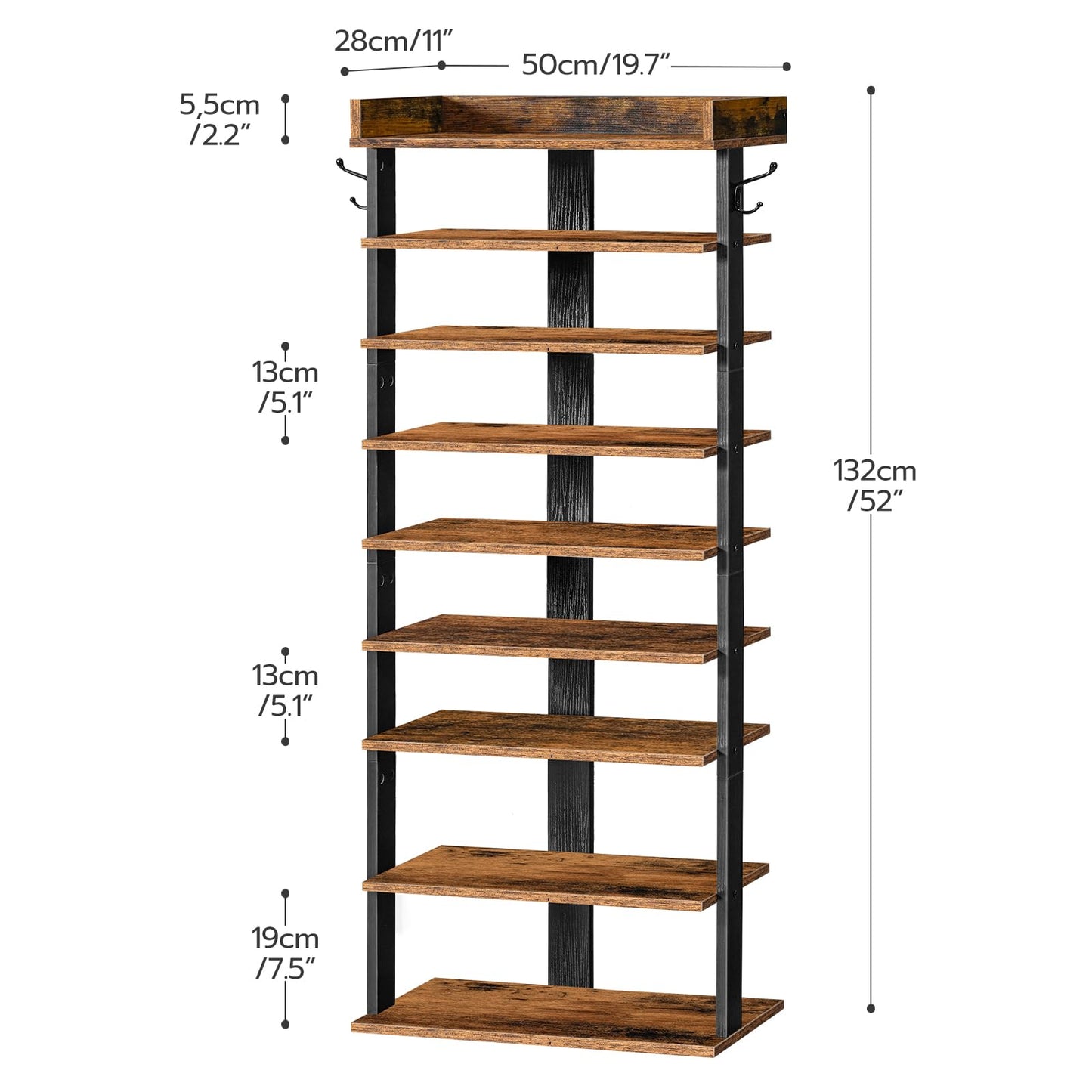 HOOBRO Narrow 9-Tier Tall Shoe Rack, Wooden Storage Organizer With 2 Hooks, Slim Shelf, Vertical Tower for Entrance, Industrial