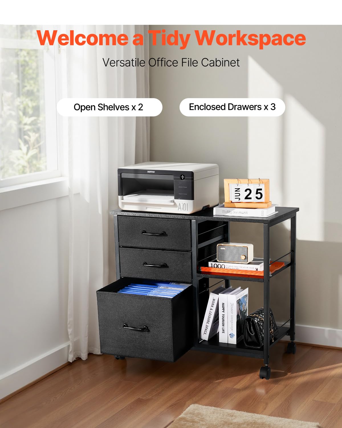 VEVOR Metal File Cabinet, Mobile Filing Cabinet with 3 Fabric Drawers and 2 Open Shelves