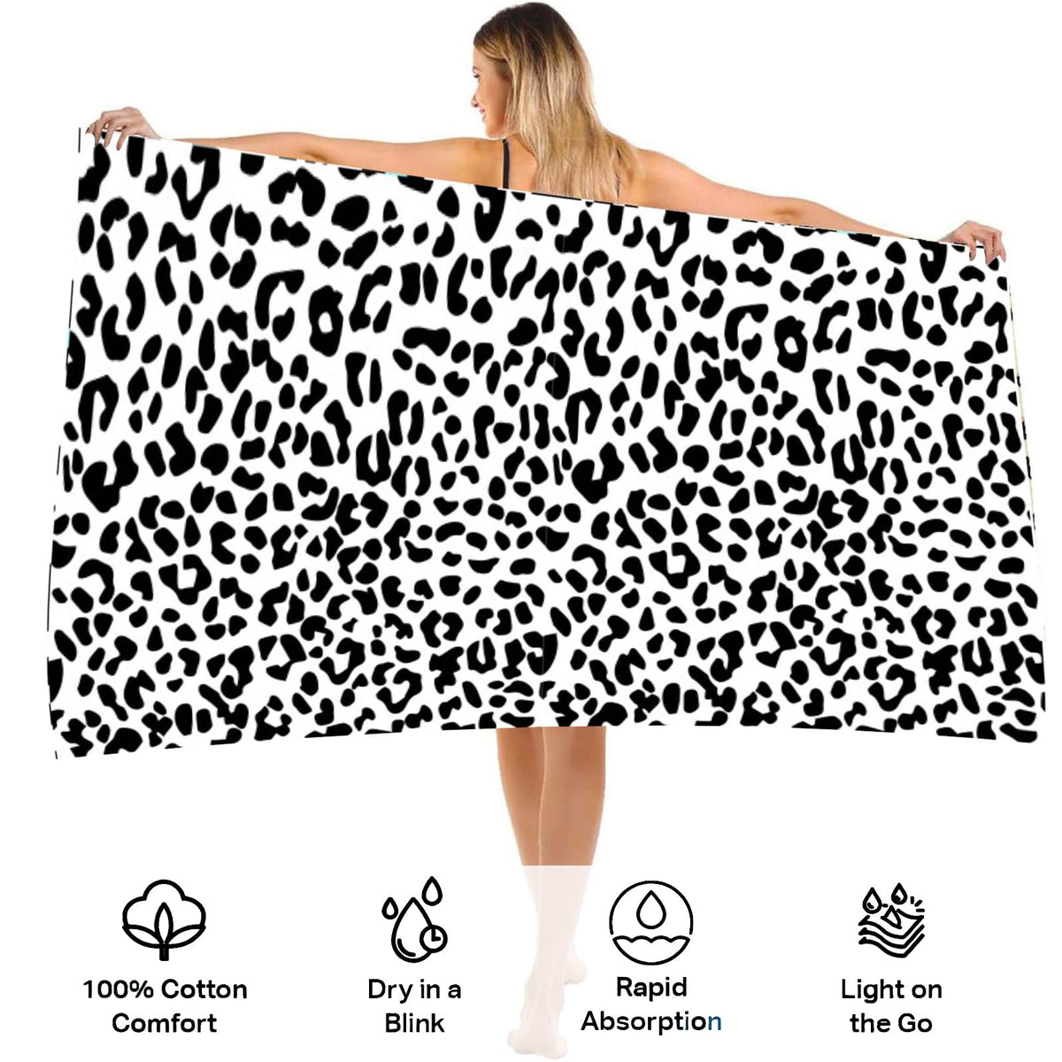 Large Quick Dry Microfibre Beach Bath Towel for Adult,Black White Leopard Print Sand Free Beach Towel with Bag,Lightweight Gym Yoga Sports