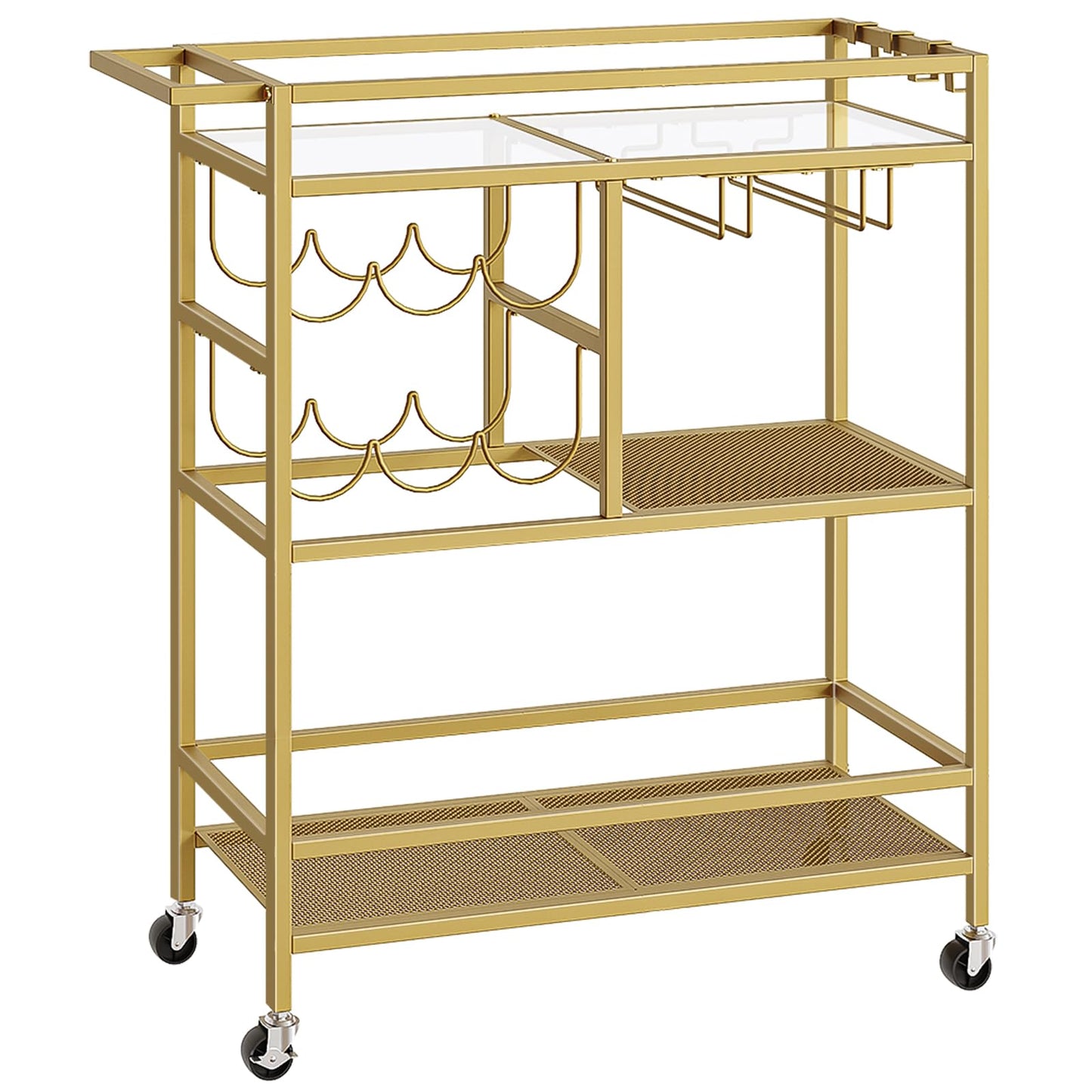 MAHANCRIS Bar Cart for Home, 3-Tier Serving Cart with Wheels and Handle, Beverage Cart with Wine Rack and Glass Holders