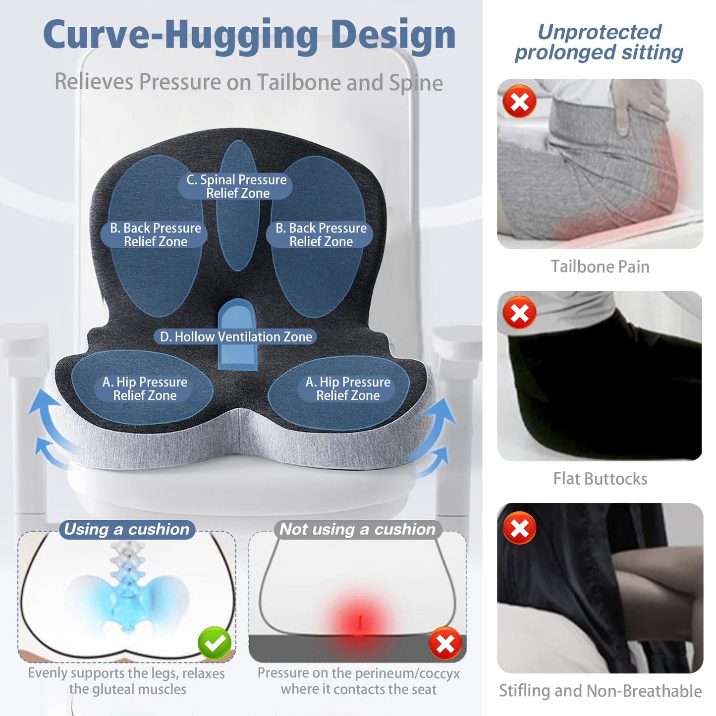 Orthopedic Seat Cushion with Lumbar Support, Memory Foam Coccyx Cushion