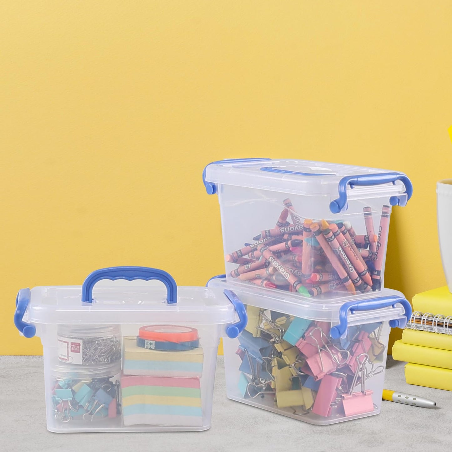 Lasbily 6 Packs 1.5 L Plastic Storage Boxes with Lid, Small Clear Stackable Box for Shelves, Stationery, Desk Supplies