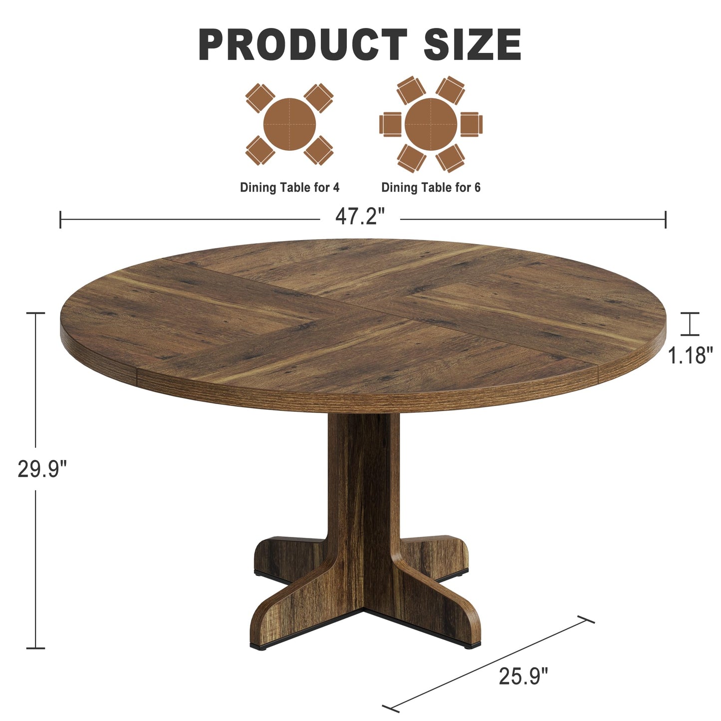 47.2 Inch Round Dining Table for 4-6 People, Engineered Wood Tabletop with Sturdy Wooden Base, Adjustable Feet for Stability