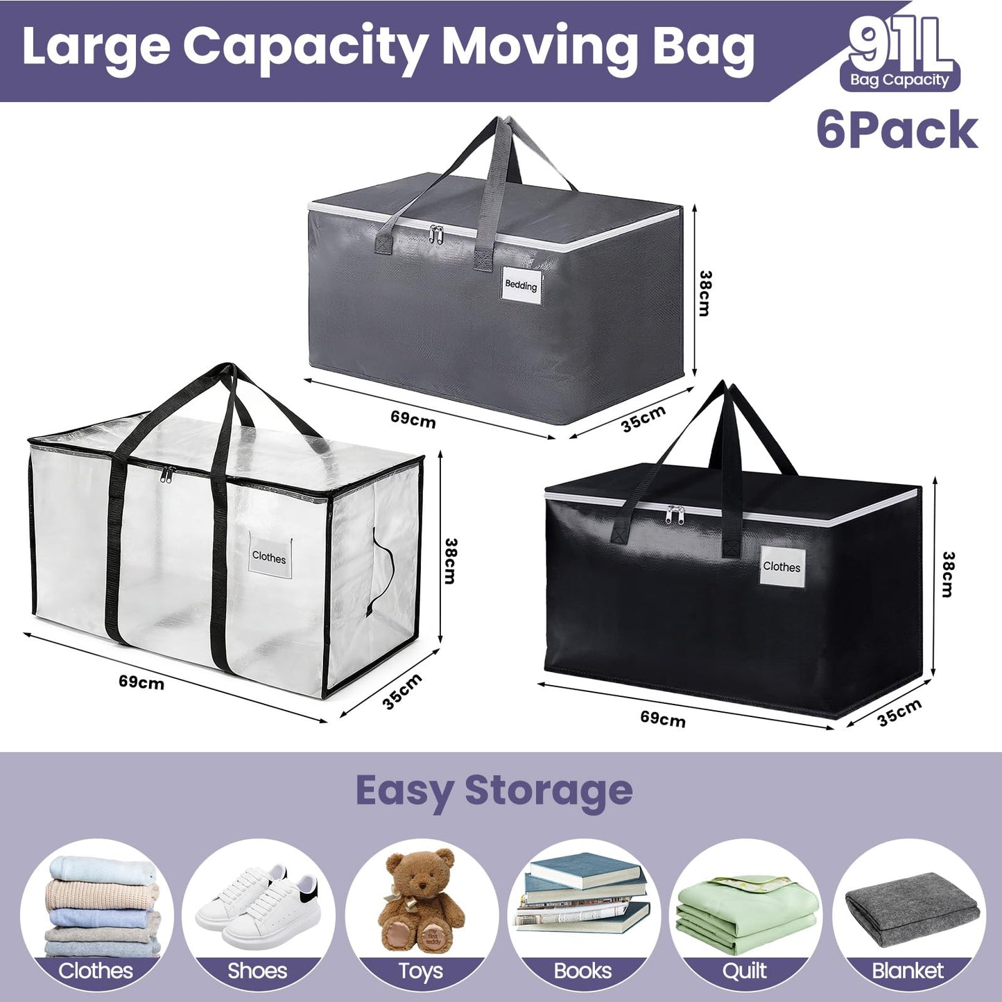6 Pack Large Moving Bags, Foldable Storage Bags for Loft, Bedding, Clothes & Toys, Heavy Duty Packing Bags with Handles, Backpack Straps & Zippers