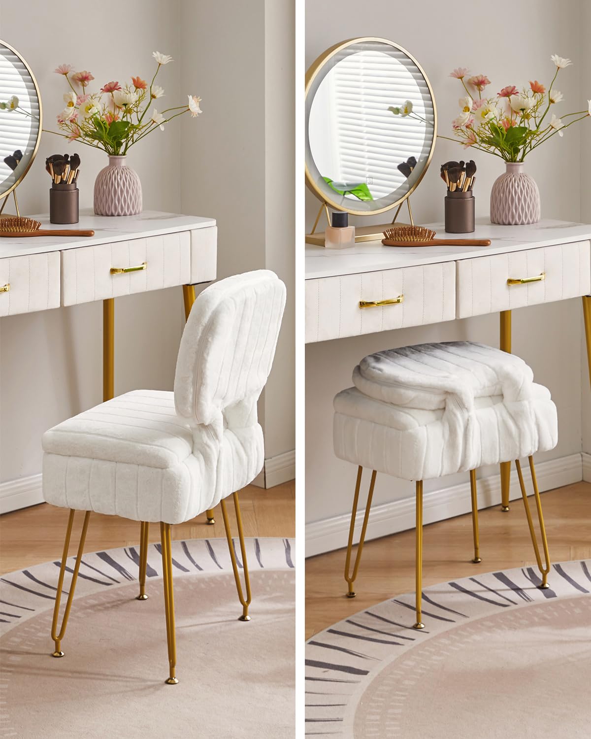 IBUYKE Vanity Stool with Storage, Folding Back Makeup Chair, White WBD030W
