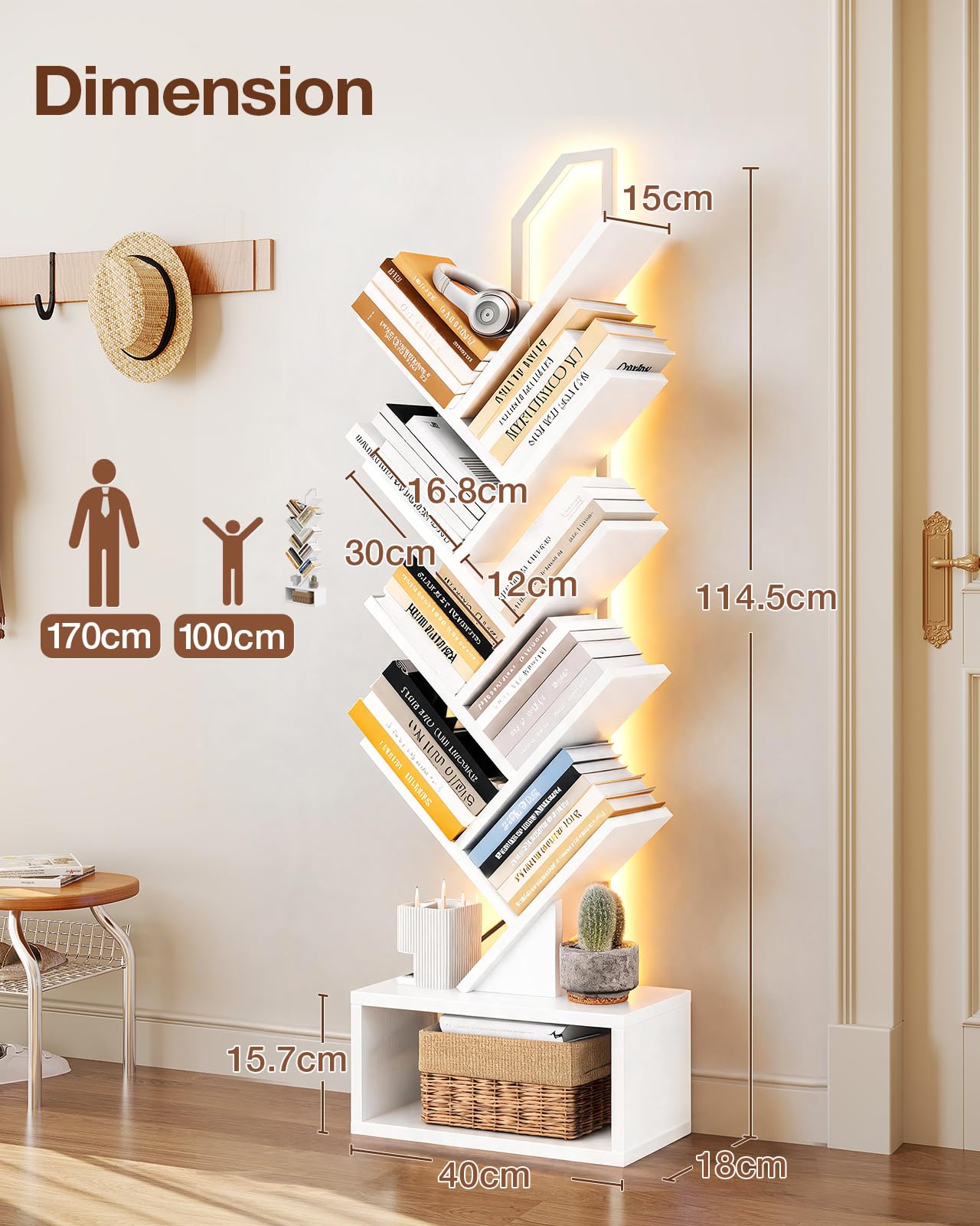 Coleshome 8-Tier LED Tree Bookcase, Wooden Bookshelf, 114.5cm, White