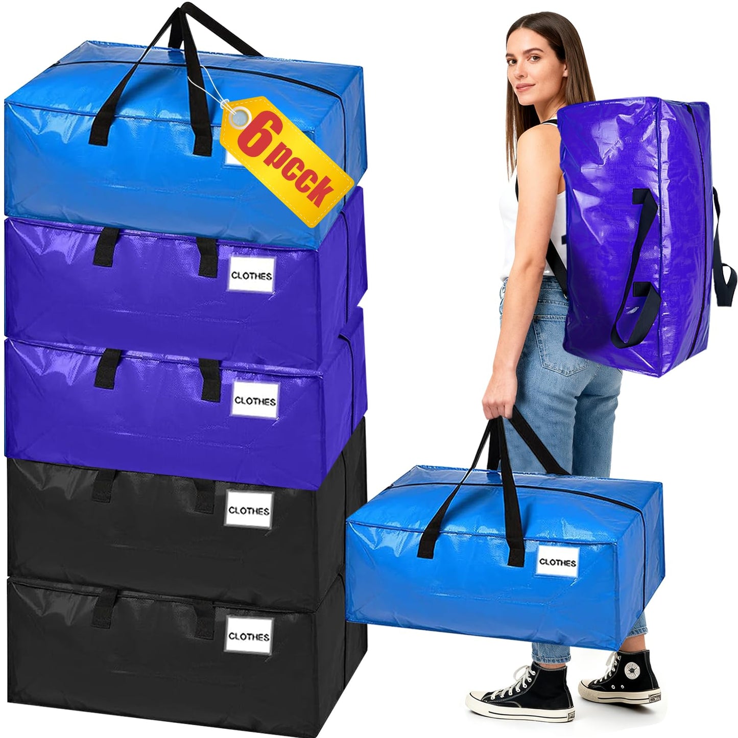 6 Pack Moving Boxes Large Strong,95L Oversized Moving Bags,Storage Bags with Backpack Straps,Zippers &Handles,Boxes for Moving House,Moving Totes for