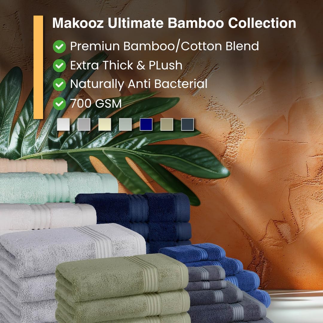Makooz Luxurious Bamboo Hand Towels for Bathroom Pack of 2-700 GSM Bamboo & Egyptian Cotton 50/50 Blend - Ultra Silky Soft, Quick Dry, Absorbent