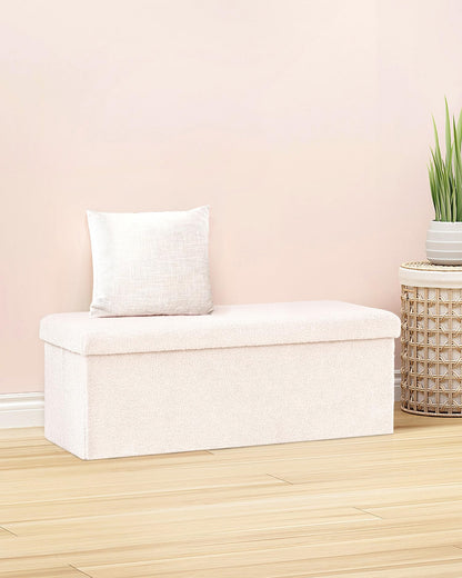 Bonlife Folding Ottoman Storage Bench,Boucle Footstool for Living Room,End of Bed Bench,Sherpa Ottomans Foot Rest,140L Storage Space,White,110x38x38cm