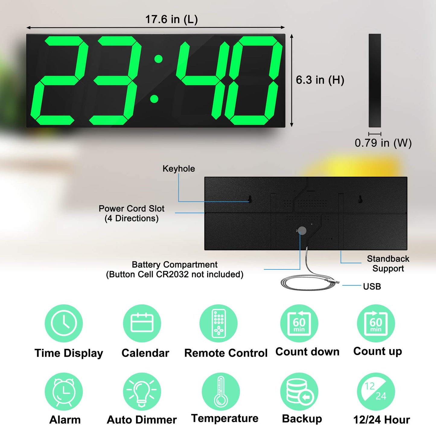 CHKOSDA Digital Wall Clock, 18" Large Wall Clock, Led Wall Clock with Countdown Timer, Calendar, Thermometer, 12/24H, Adjustable Brightness, Wall