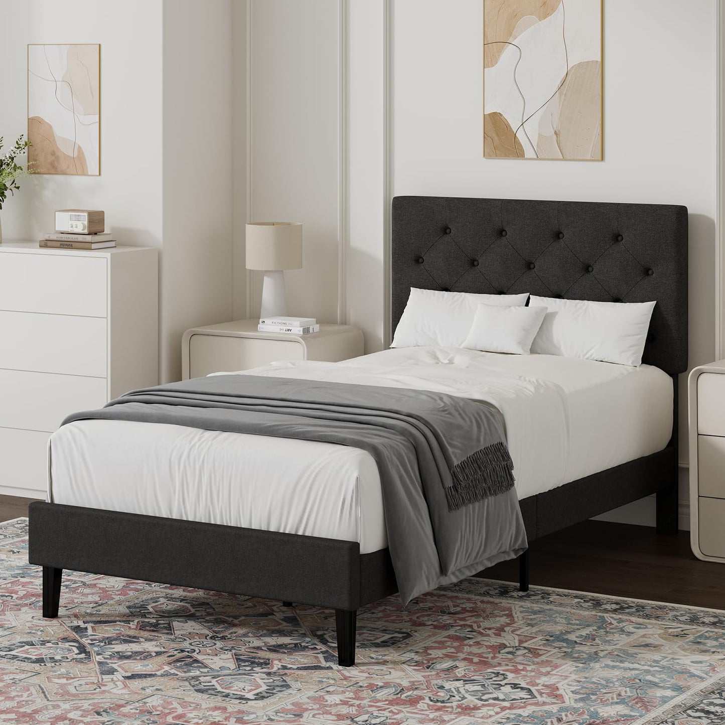 HOMBCK Single Bed Frame, 90 x 190 cm, with Adjustable Upholstered Headboard, Heavy Duty 256kg Weight Capacity, Easy Assembly, No Box Spring Needed