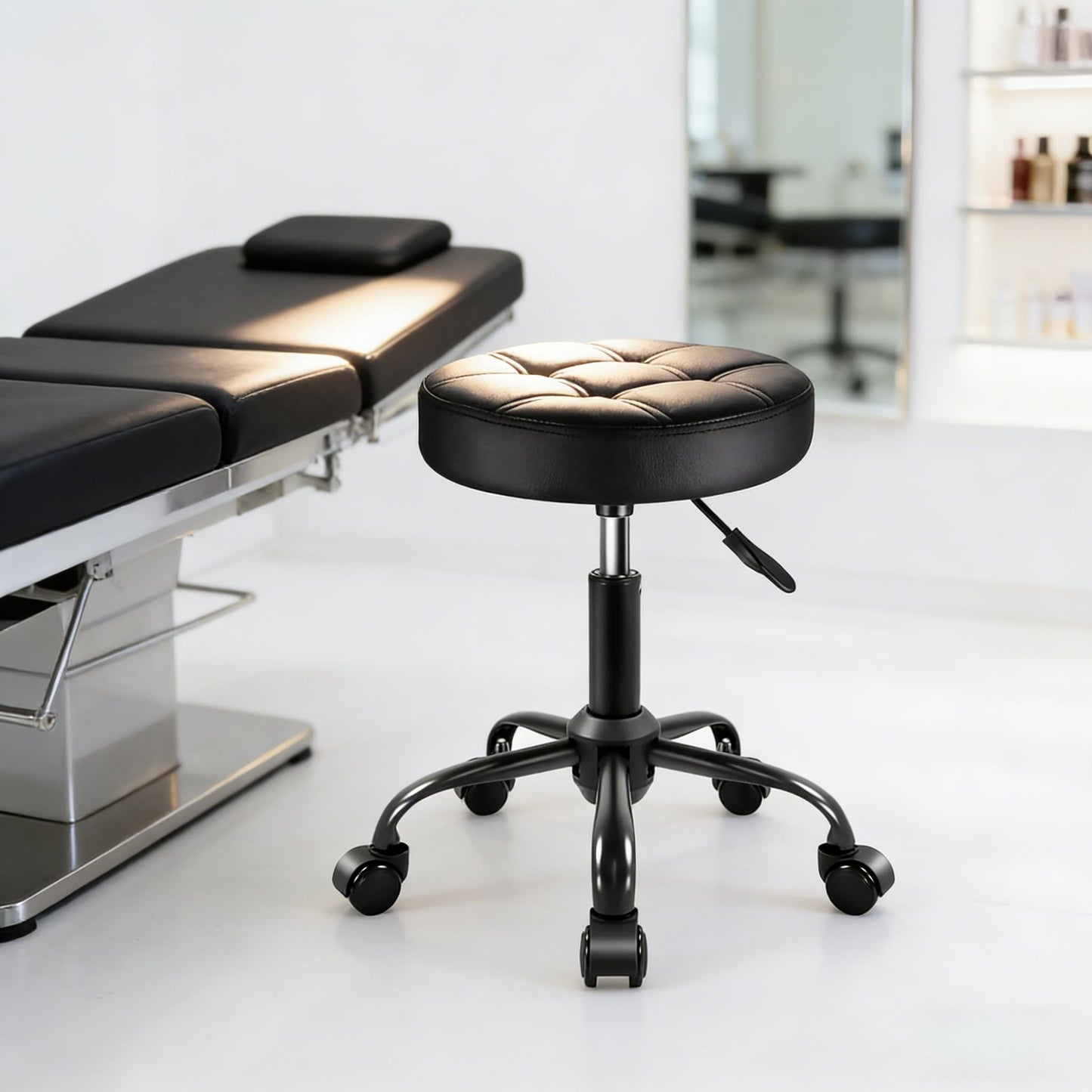 Jconly Round Rolling Stool with Wheels, Black PU Leather Round Office Stool Adjustable Height (46-59cm) Beauty Chair for Home Office Salon