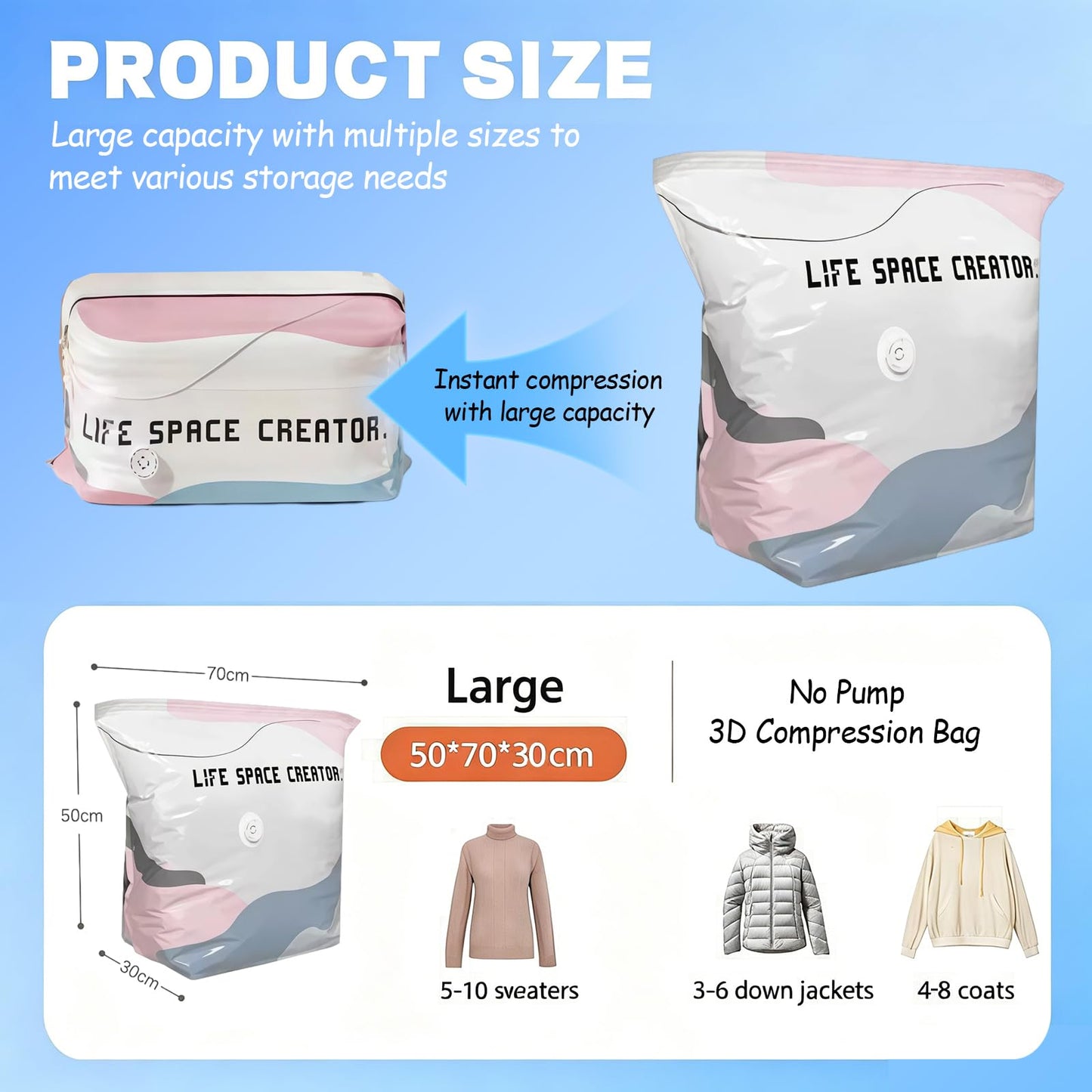 XQMMGO 2 Pack No Pump Vacuum Storage Bags, Large Cube Vacuum Pack Bags for Clothes and Duvets, Space Saver Compression Bags for Travel