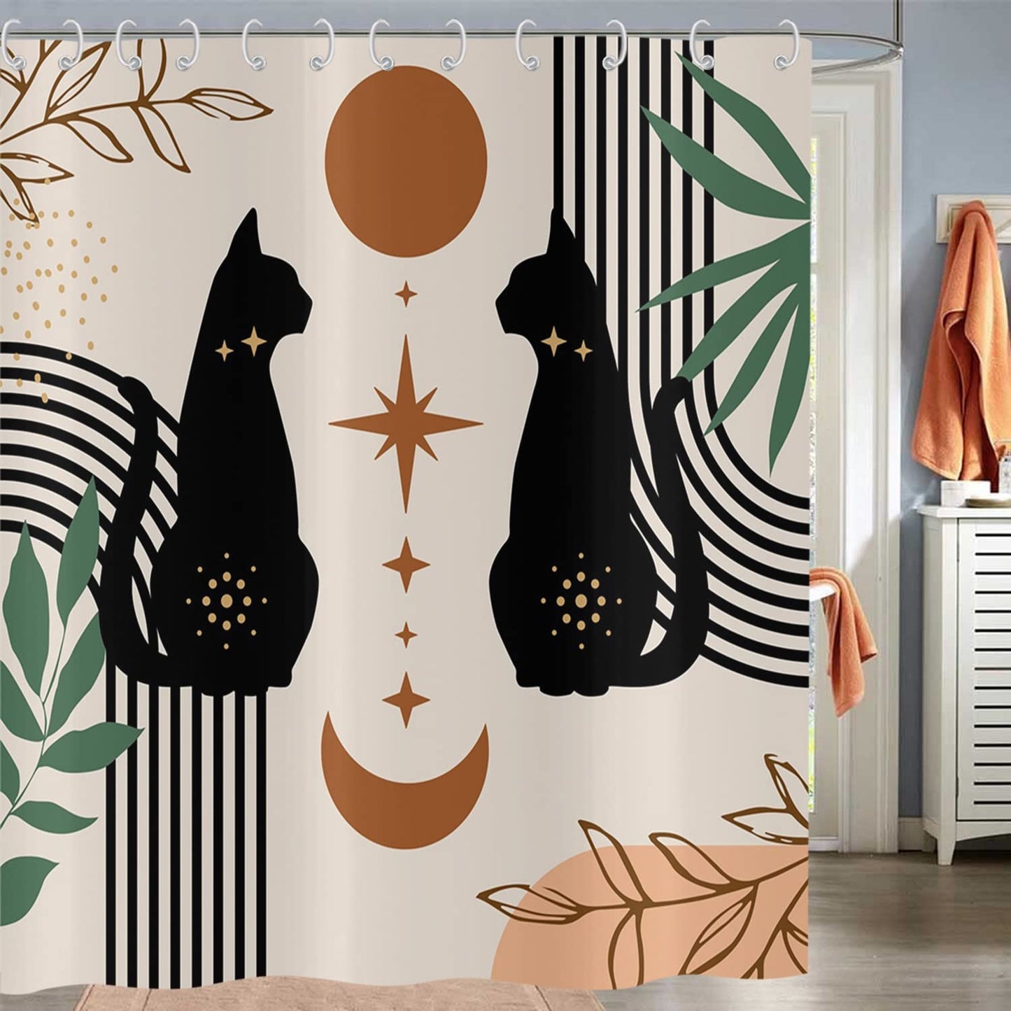 Boho Shower Curtain 180x180, Hnmdmyi Mid Century Abstract Black Cat Leaf Moon Star Beige Bathroom Curtains Modern Terracotta Aesthetic Art Waterproof