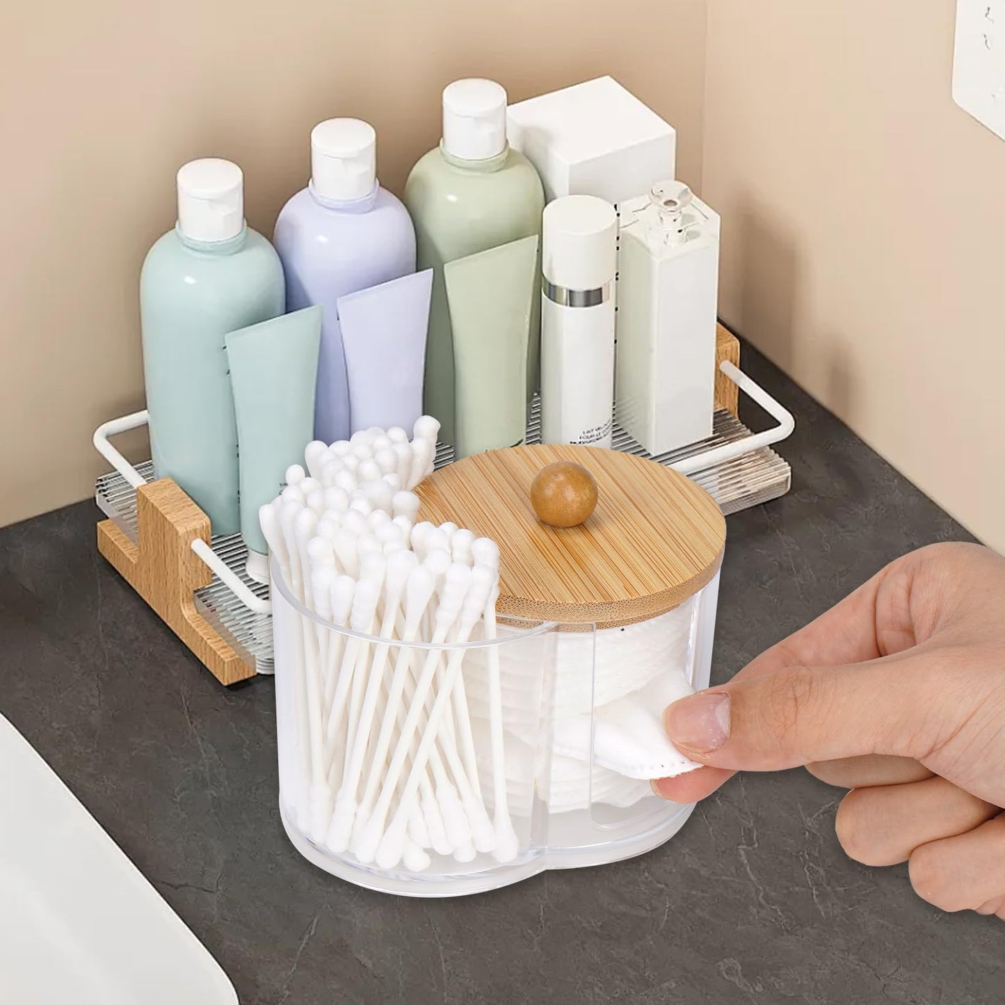 Adorila Compact Cotton Pad and Cotton Bud Holder with Bamboo Lid, Clear
